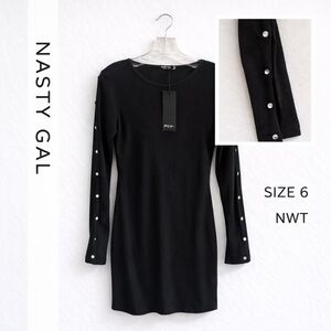Nasty Gal Black Ribbed Bodycon Dress 6 Snap Sleeve Mini LBD Long Sleeve NWT